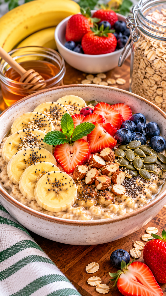 Tazón de avena con banana, fresas, arándanos y semillas para un desayuno saludable