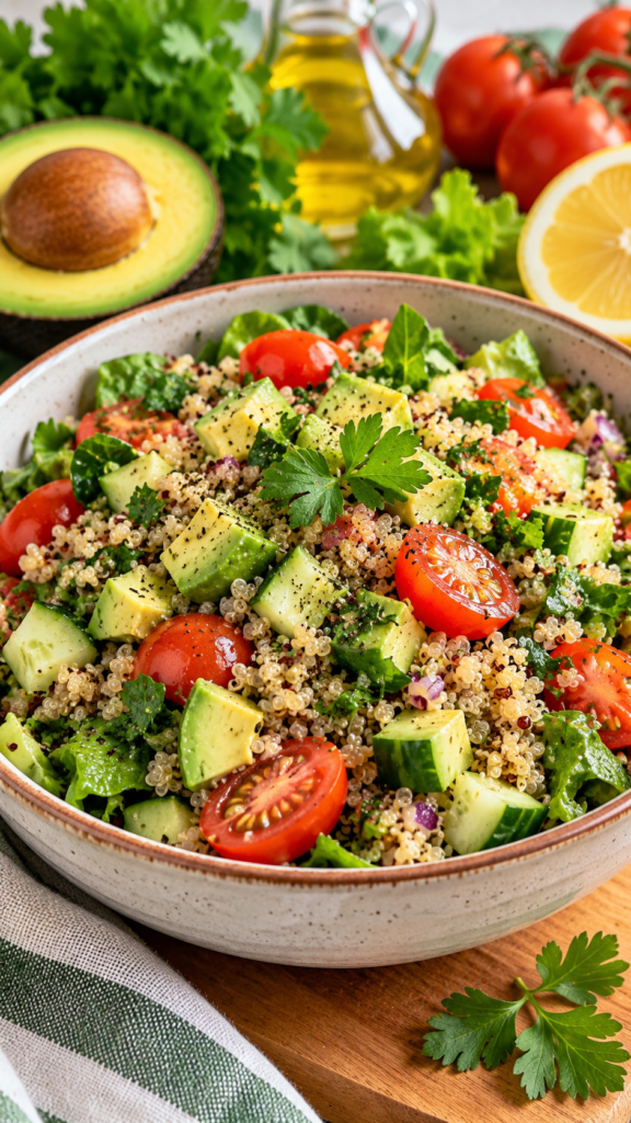 Ensalada de quinoa con aguacate, tomate, pepino y vegetales frescos.
